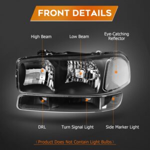 LBRST Headlight Assembly For GMC Sierra 1500 1999-2006 For GMC Sierra 1500 Classic 2007 Black Housing Clear Reflector Clear Lens Driver and Passenger Side Headlamp