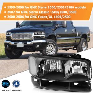 LBRST Headlight Assembly For GMC Sierra 1500 1999-2006 For GMC Sierra 1500 Classic 2007 Black Housing Clear Reflector Clear Lens Driver and Passenger Side Headlamp