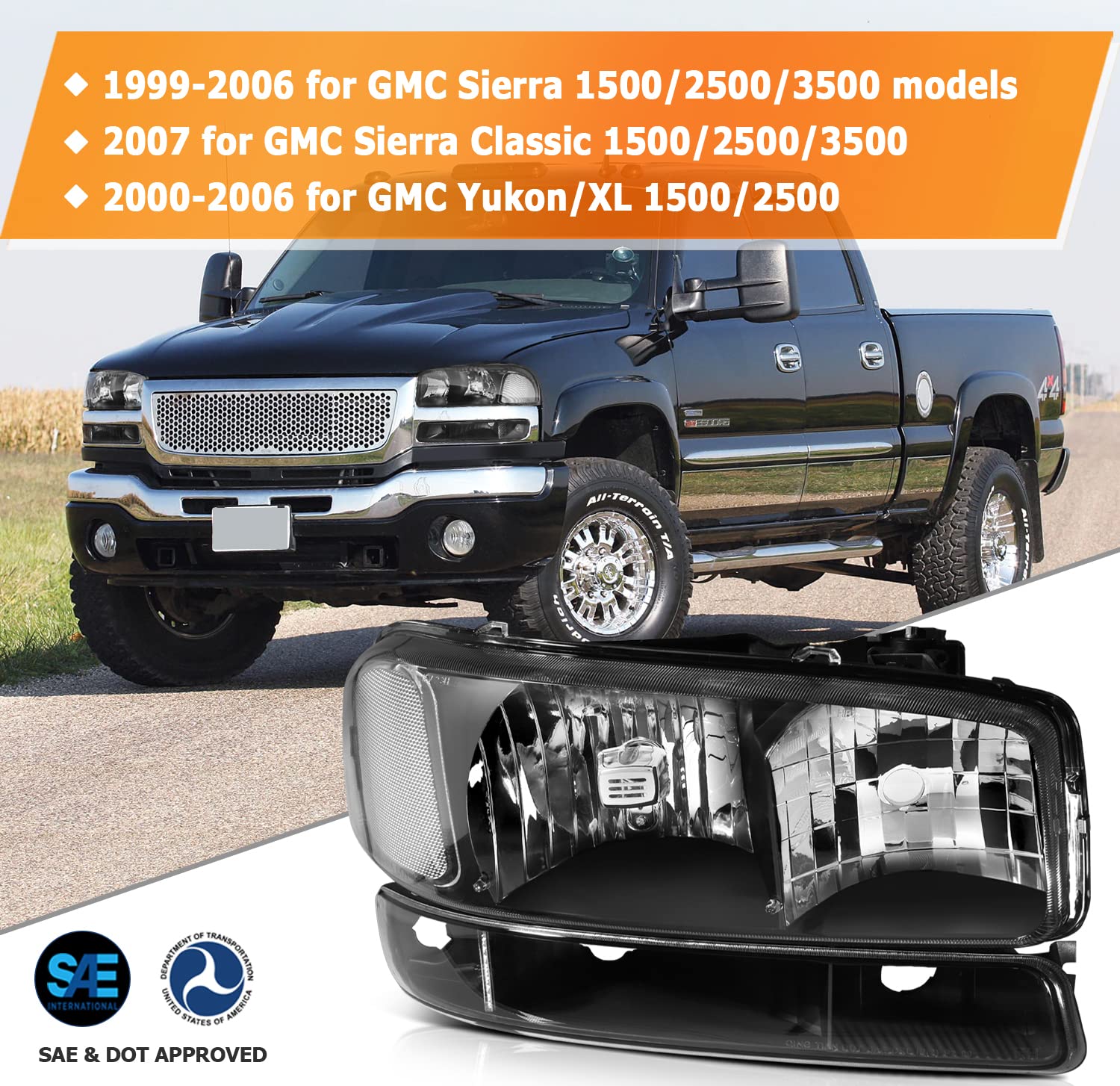 LBRST Headlight Assembly For GMC Sierra 1500 1999-2006 For GMC Sierra 1500 Classic 2007 Black Housing Clear Reflector Clear Lens Driver and Passenger Side Headlamp