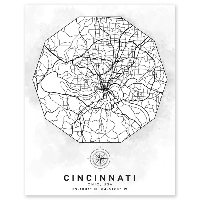 Cincinnati Ohio Aerial Street Map Wall Print - Geography Classroom Decor