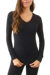 pure look women's long sleeve waffle knit stretch cotton thermal underwear shirt, small, v-neck black