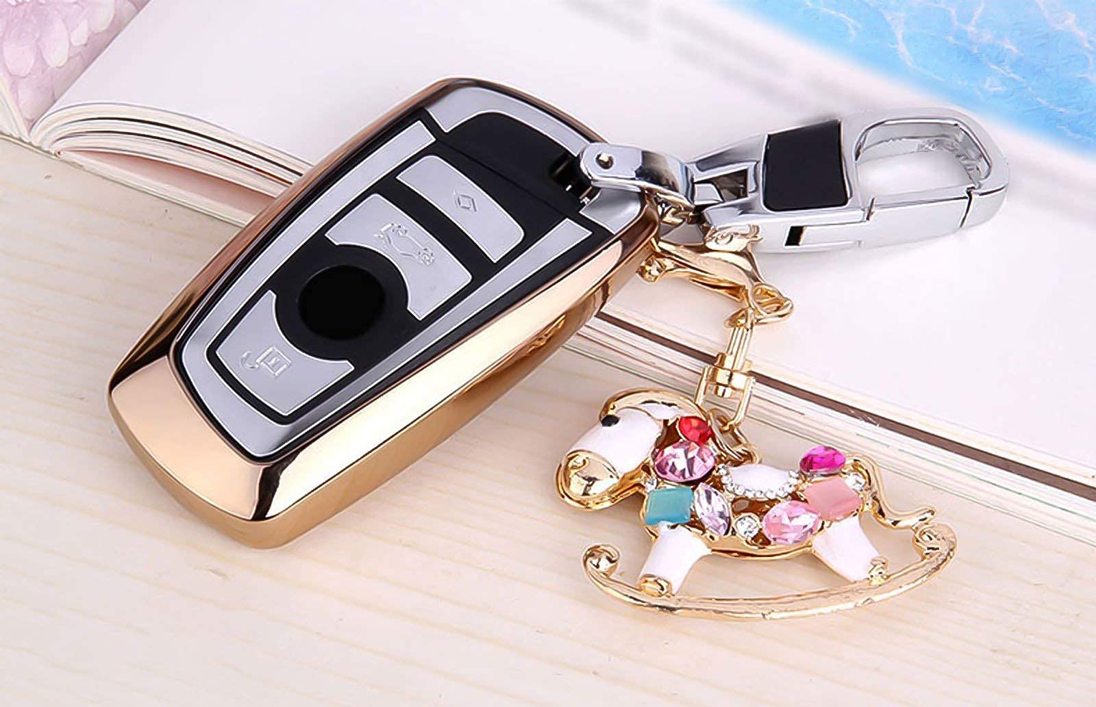 Xotic Tech Gold Soft TPU Key Fob Shell Skin Cover, Compatible with BMW 1 2 3 5 6 7 Series X1 X3 X4 X5 X6 M Models GT3 GT5 F12 F20 F21 F22 F25 F30 F31 GT3 GT5 Z4 Smart Keyless Entry Key