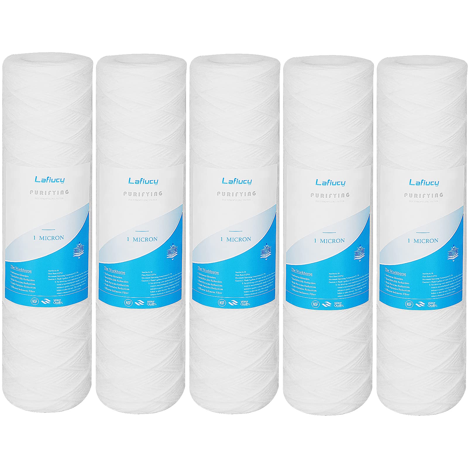 Lafiucy 1 Micron 10" x 2.5" String Wound Sediment Water Filter Cartridge,5 Pack,Whole House Sediment Filtration, Universal Replacement for Most 10 inch RO Unit