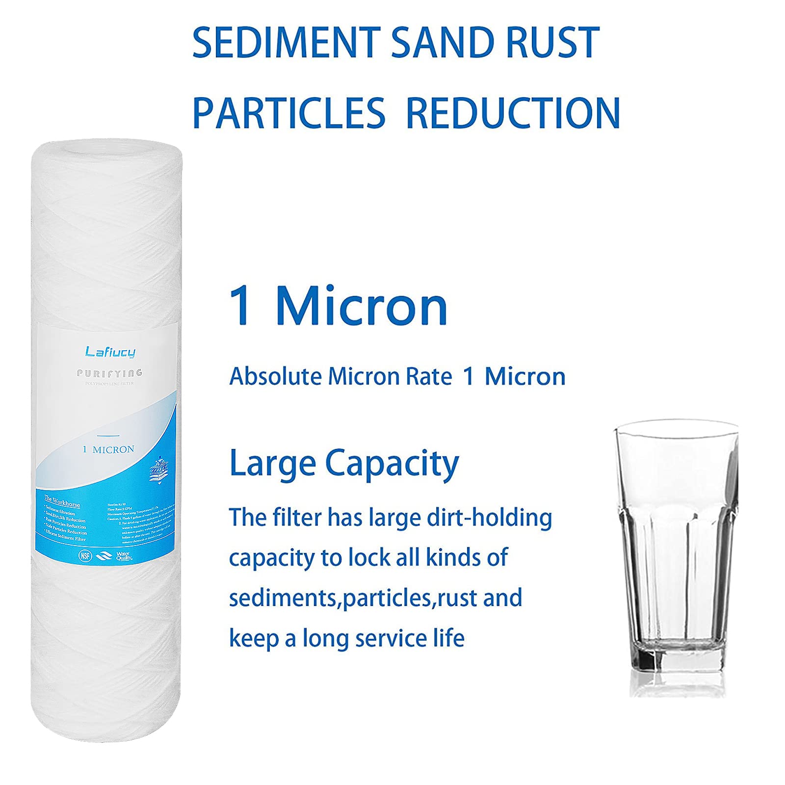 Lafiucy 1 Micron 10" x 2.5" String Wound Sediment Water Filter Cartridge,5 Pack,Whole House Sediment Filtration, Universal Replacement for Most 10 inch RO Unit