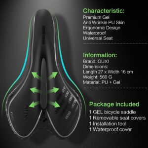 OUXI Comfort Bike Seat Comfortable Gel Bicycle Saddle Replacement Soft Padded with Shock Absorbing Waterproof for MTB Mountain Bike Road Bike Exercise Bike Men Women and Ladies-Black