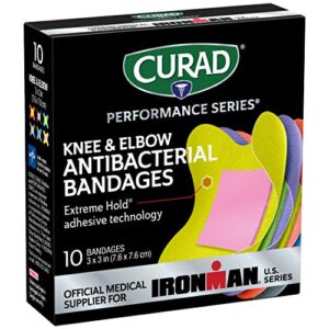 curad performance series ironman antibacterial bandages, extreme hold adhesive technology, knee & elbow 3 inches x 3 inches, 10 count, ideal for cuts, scrapes, sports, and active lifestyles