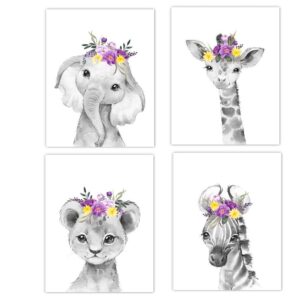 Baby Girl Nursery Wall Art Floral Safari Animals Elephant Giraffe Lion Zebra Room Decor 4 UNFRAMED PRINTS