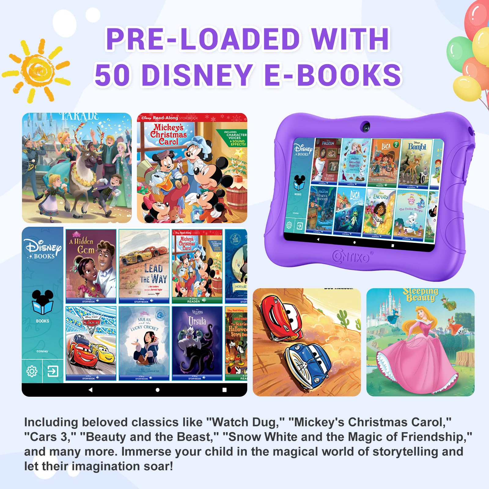 Contixo 7" Android Kids Tablet 32GB, Includes 50+ Disney Storybooks & Stickers (Value $200), Protective Case with Kickstand, (2023 Model) - Purple