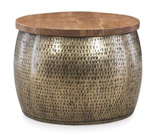 powell hammered gold drum with natural wood lift top for storage janice table