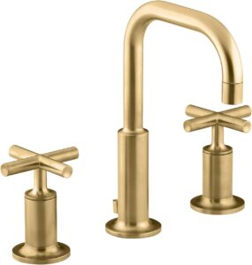 kohler k-14406-3-2mb purist bathroom sink faucet, widespread low cross handles and low gooseneck spout, vibrant brush moderne brass