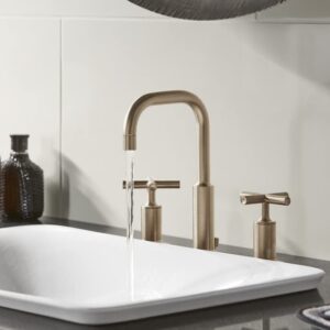 KOHLER K-14406-3-2MB Purist Bathroom Sink Faucet, Widespread Low Cross Handles and Low Gooseneck Spout, Vibrant Brush Moderne Brass