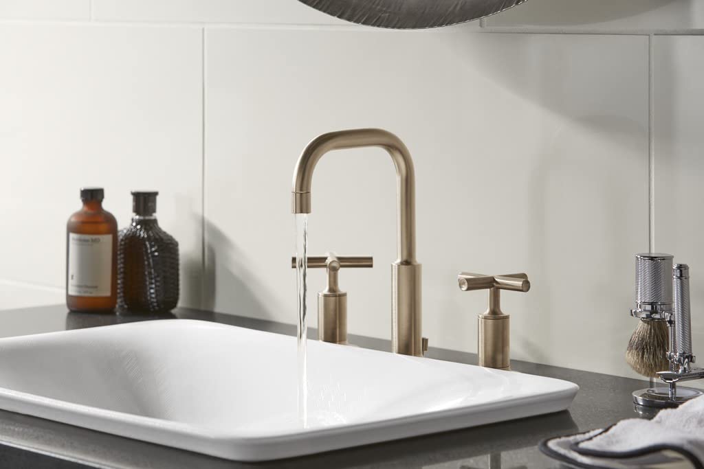 KOHLER K-14406-3-2MB Purist Bathroom Sink Faucet, Widespread Low Cross Handles and Low Gooseneck Spout, Vibrant Brush Moderne Brass