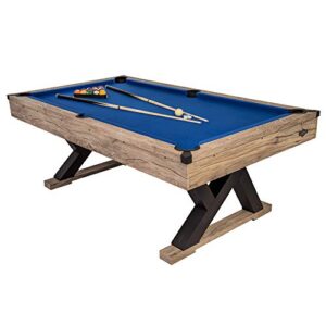 american legend kirkwood 84” billiard table with rustic blond finish, k-shaped legs and royal blue cloth