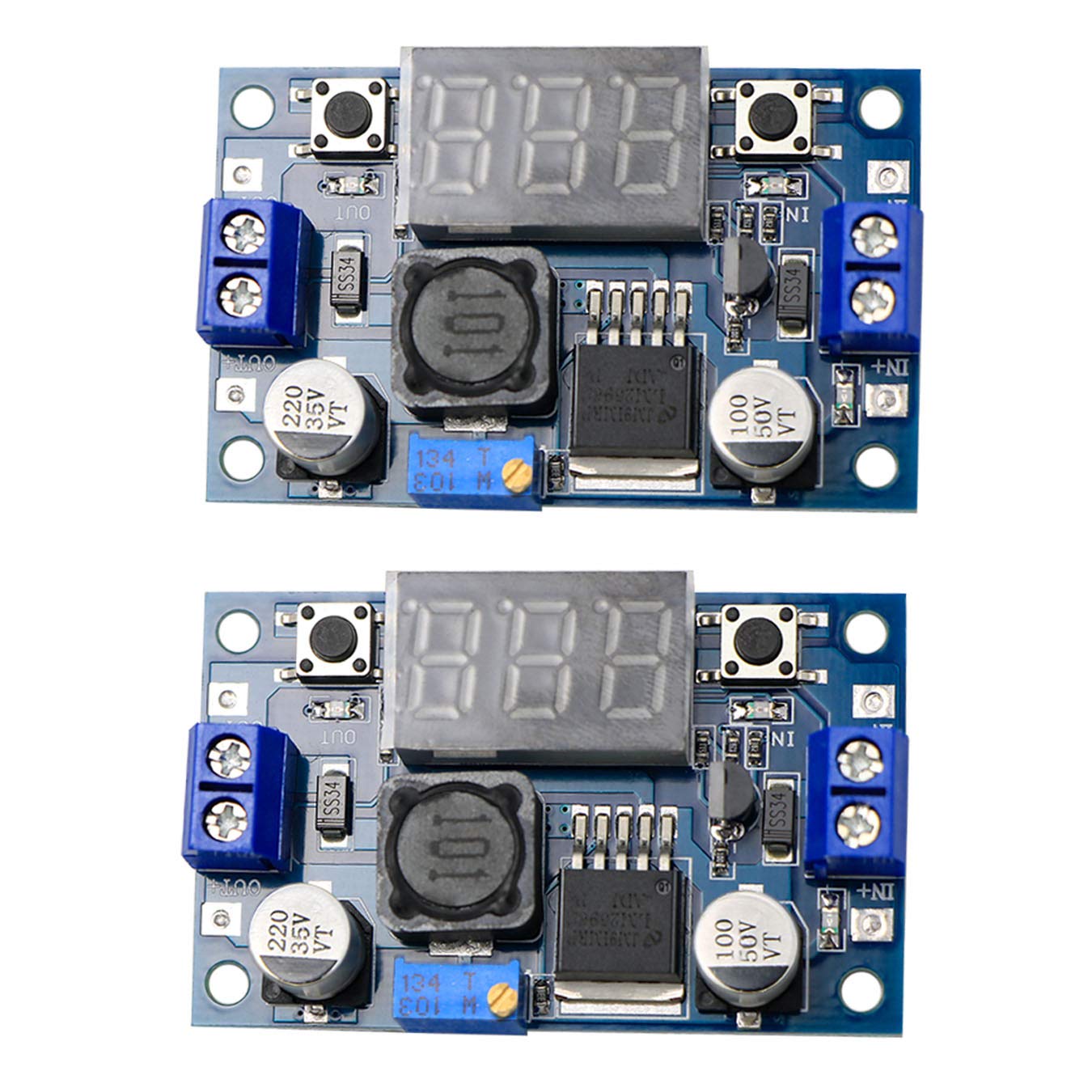 LM2596 Buck Converter DC Voltage Regulator Adjustable 4-40V to 1.5-35V 3A DC to DC Step Down Converter Power Supply Module with LED Display, Pack of 2