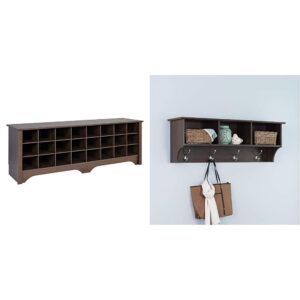 prepac 24 pair shoe storage cubby bench, espresso & entryway cubbie shelf, espresso