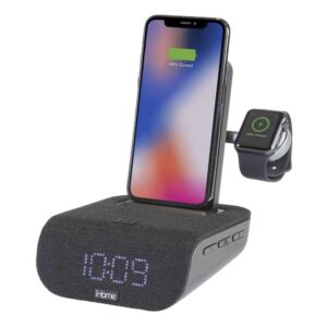 ihome timebase pro+ triple charging alarm clock | qi-certified wireless charging, apple watch charger, bluetooth speaker, with iphone 12 mini adapter, usb charging and battery backup (model iwbtw200b)