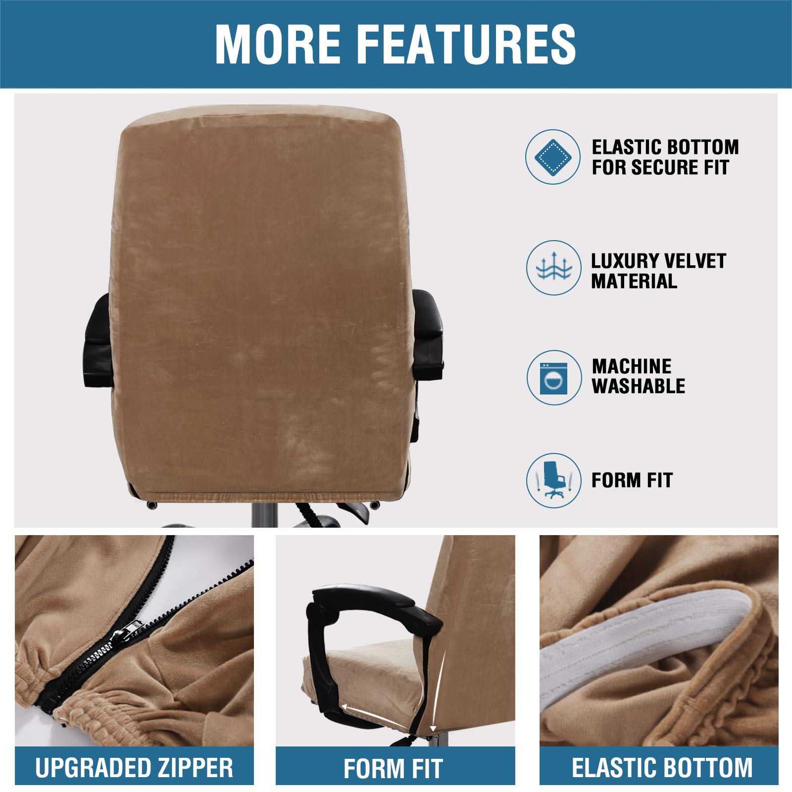 H.VERSAILTEX Velvet Home Office Chair Covers Stretchable Computer Desk Chair Covers Mid - High Back Universal Executive Boss Chair Covers Gaming Chair Covers Removable Machine Washable, Camel