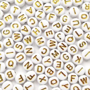 amaney 1000 pieces 7×4mm white round acrylic with gold alphabet letter beads for jewelry making bracelets necklaces key chains