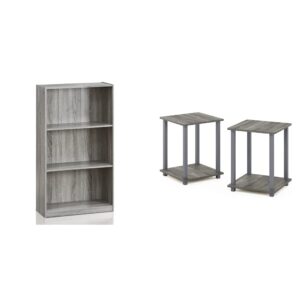 furinno basic 3-tier bookcase + 2 end tables ‚Äì storage shelving unit and nightstands in french oak grey