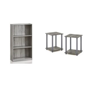 Furinno Basic 3-Tier Bookcase + 2 End Tables ‚Äì Storage Shelving Unit and Nightstands in French Oak Grey