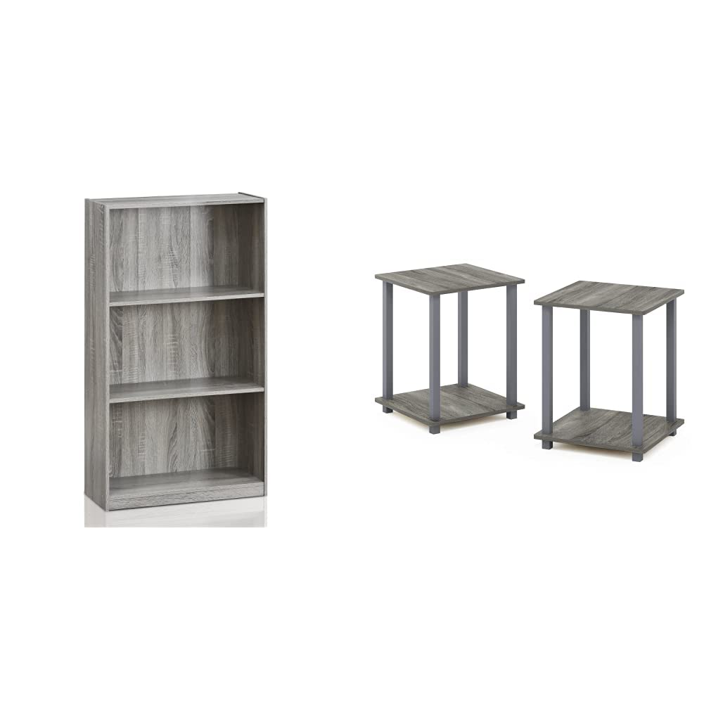 Furinno Basic 3-Tier Bookcase + 2 End Tables ‚Äì Storage Shelving Unit and Nightstands in French Oak Grey