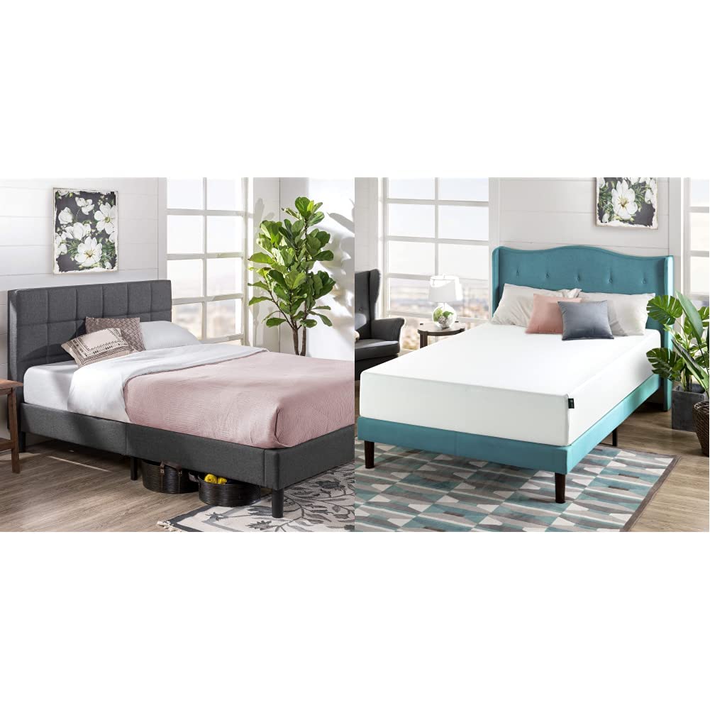 Zinus Lottie Upholstered Platform Grey Bed Frame | Model | Full & 12 Inch Green Tea Memory Foam Mattress/CertiPUR-US Certified/Bed-in-a-Box/Pressure Relieving, Full