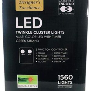 LED Twinkle Cluster Lights 52.5Ft Multi w/Green Strand Connect End to End Indoor Outdoor