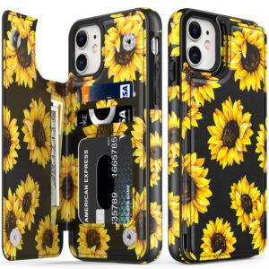 leto iphone 11 case,leather wallet case with fashion floral flower designs for girls women,with kickstand card slots cover,protective phone case for apple iphone 11 6.1" blooming sunflowers