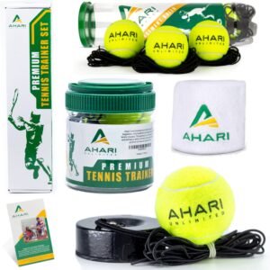 ahari unlimited premium tennis trainer set, pro tennis rebounder with metal base in a carrying cylinder, 3 replacement rebound balls, & wristband, portable tennis practice equipment for solo training.
