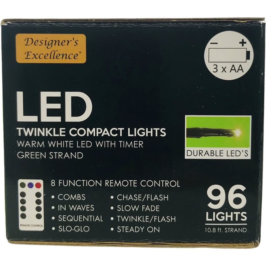 LED Twinkle Compact Lights 10.8Ft White w Green Strand Battery Operated 8 Function Remote Control - 10.8 Feet