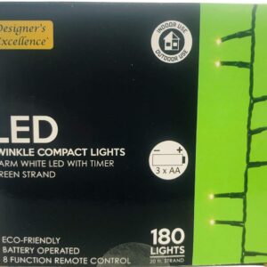 LED Twinkle Compact Lights 20Ft White w Green Strand Battery Operated 8 Function Remote Control