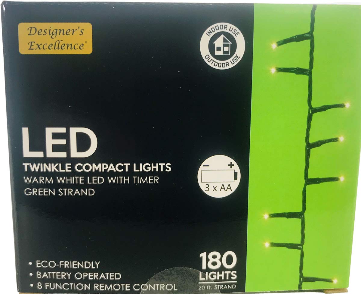 LED Twinkle Compact Lights 20Ft White w Green Strand Battery Operated 8 Function Remote Control