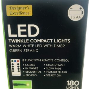 LED Twinkle Compact Lights 20Ft White w Green Strand Battery Operated 8 Function Remote Control