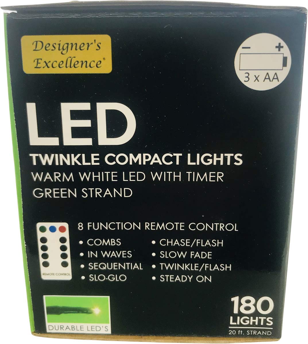 LED Twinkle Compact Lights 20Ft White w Green Strand Battery Operated 8 Function Remote Control