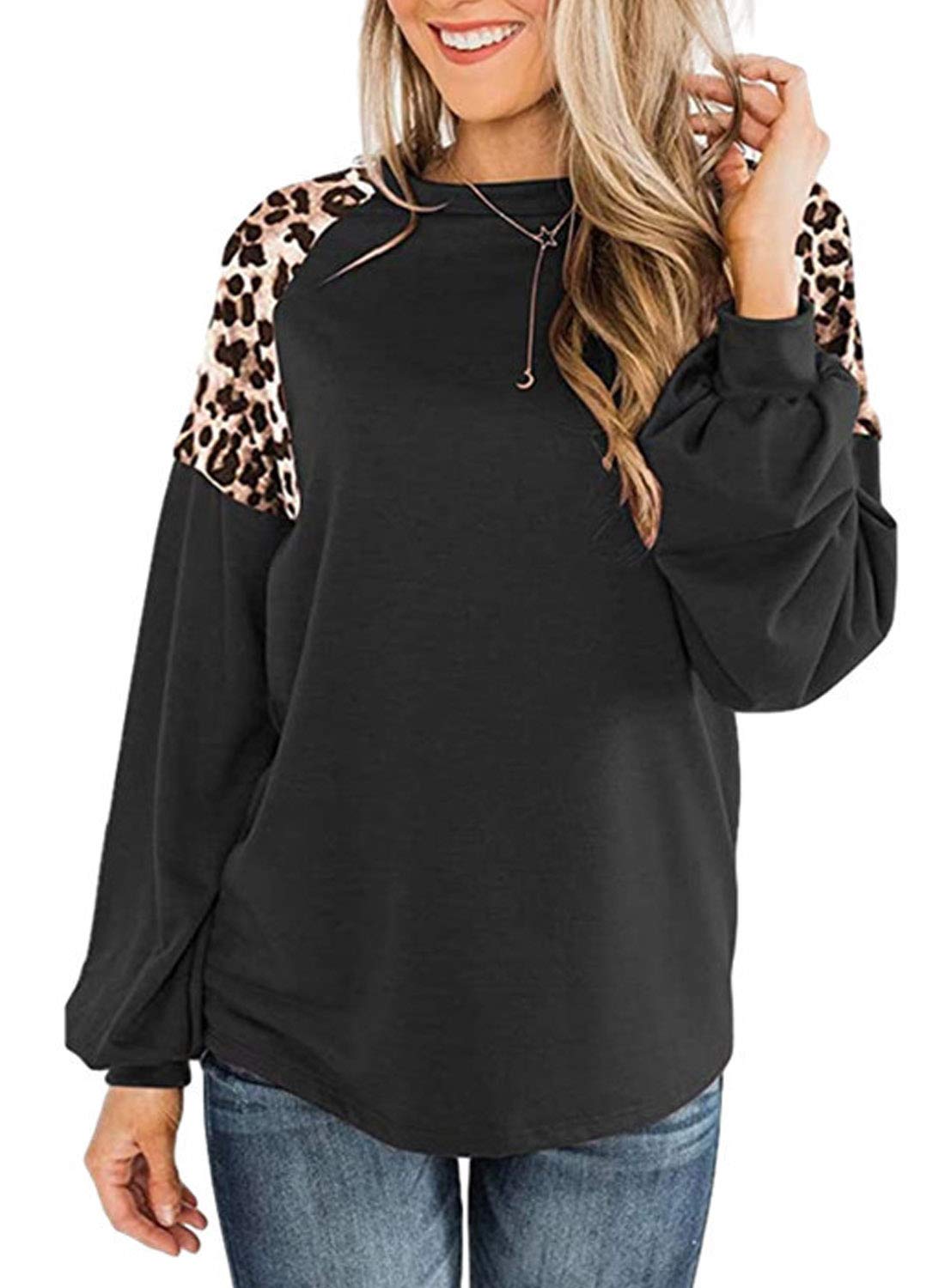 Black Leopard Print Tunic Tops for Women 2023 Fall Trendy Long Sleeve Shirts Plus Size Dressy Casual Animal Cheetah Crewneck Sweatshirts Fashion Outfits Clothes 2X XXL