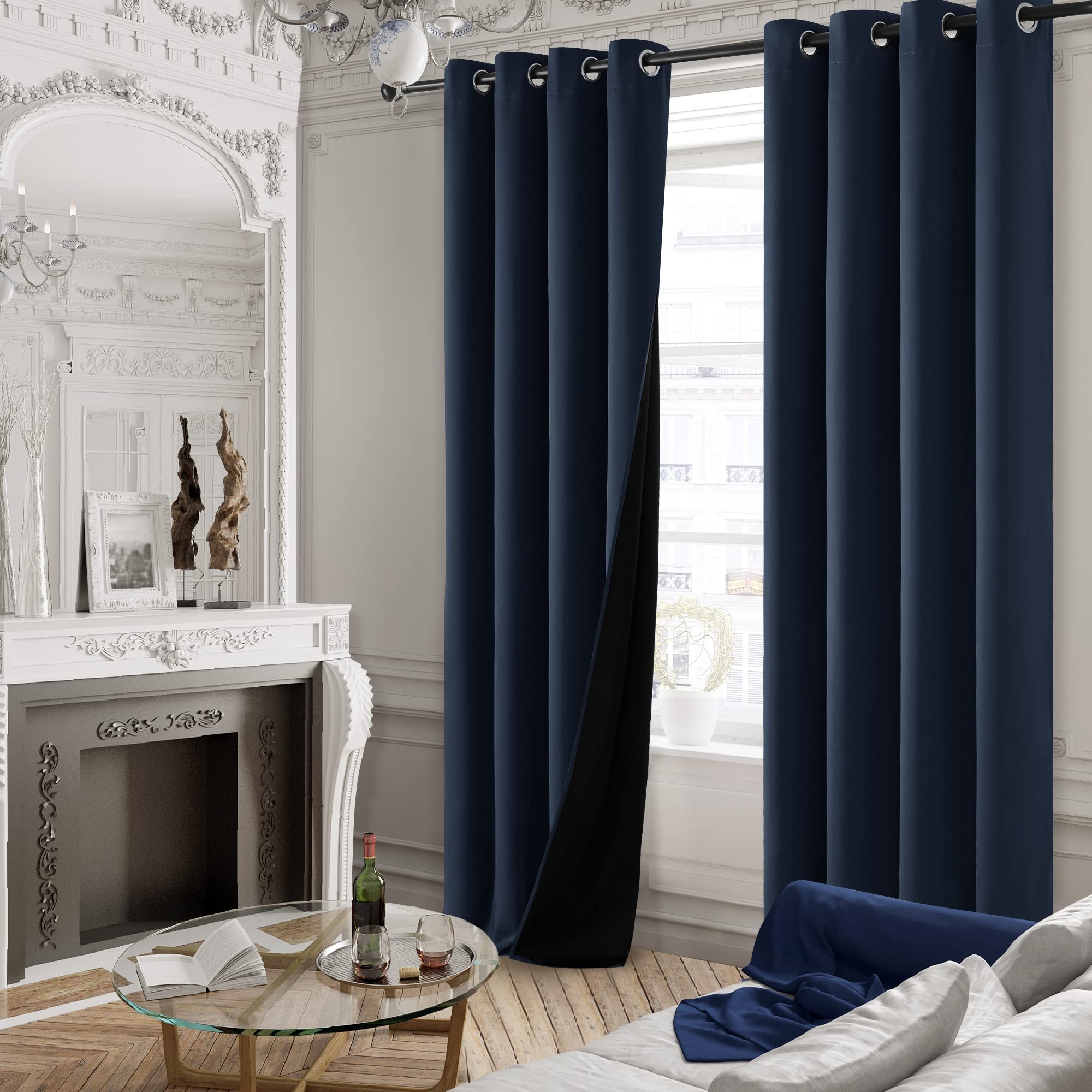 Deconovo 100% Blackout Curtains with Grommets, 63 Inch Navy Curtains, Energy Saving Thermal Insulated Lined Drapes, Window Curtains for Bedroom Living Room, 2 Panels, 52x63 in, Navy Blue