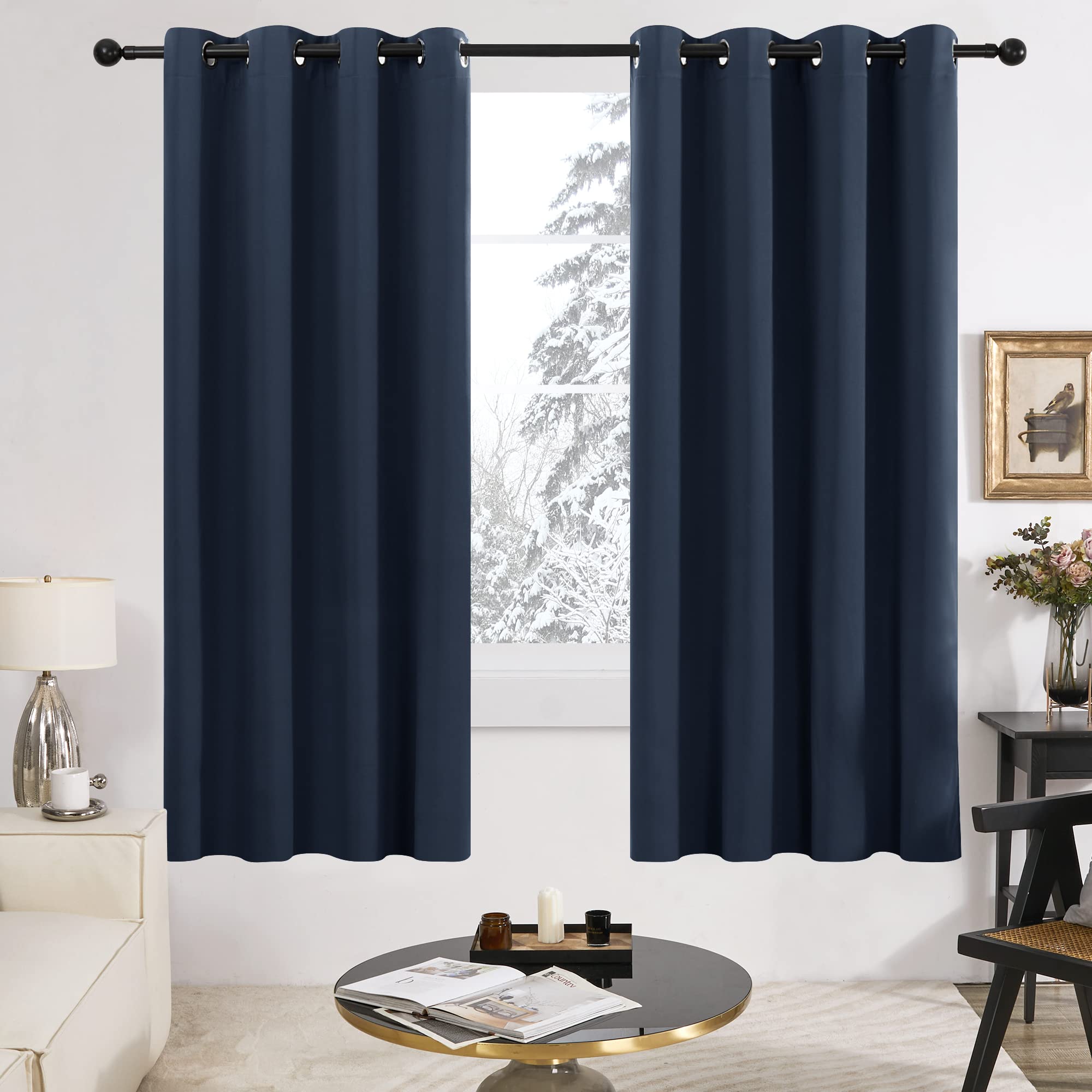 Deconovo 100% Blackout Curtains with Grommets, 63 Inch Navy Curtains, Energy Saving Thermal Insulated Lined Drapes, Window Curtains for Bedroom Living Room, 2 Panels, 52x63 in, Navy Blue