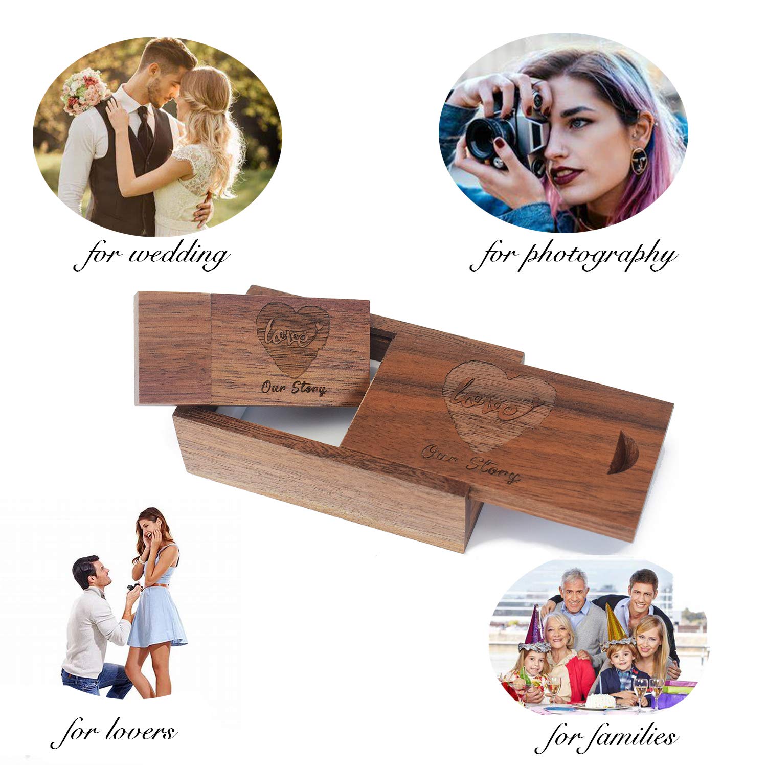 32GB Wedding USB Flash Drive with Matching Walnut Box - USB 2.0 Memory Stick Engraved Our Story Design, Personalized Gifts for Photography/Family/Friends/Couple