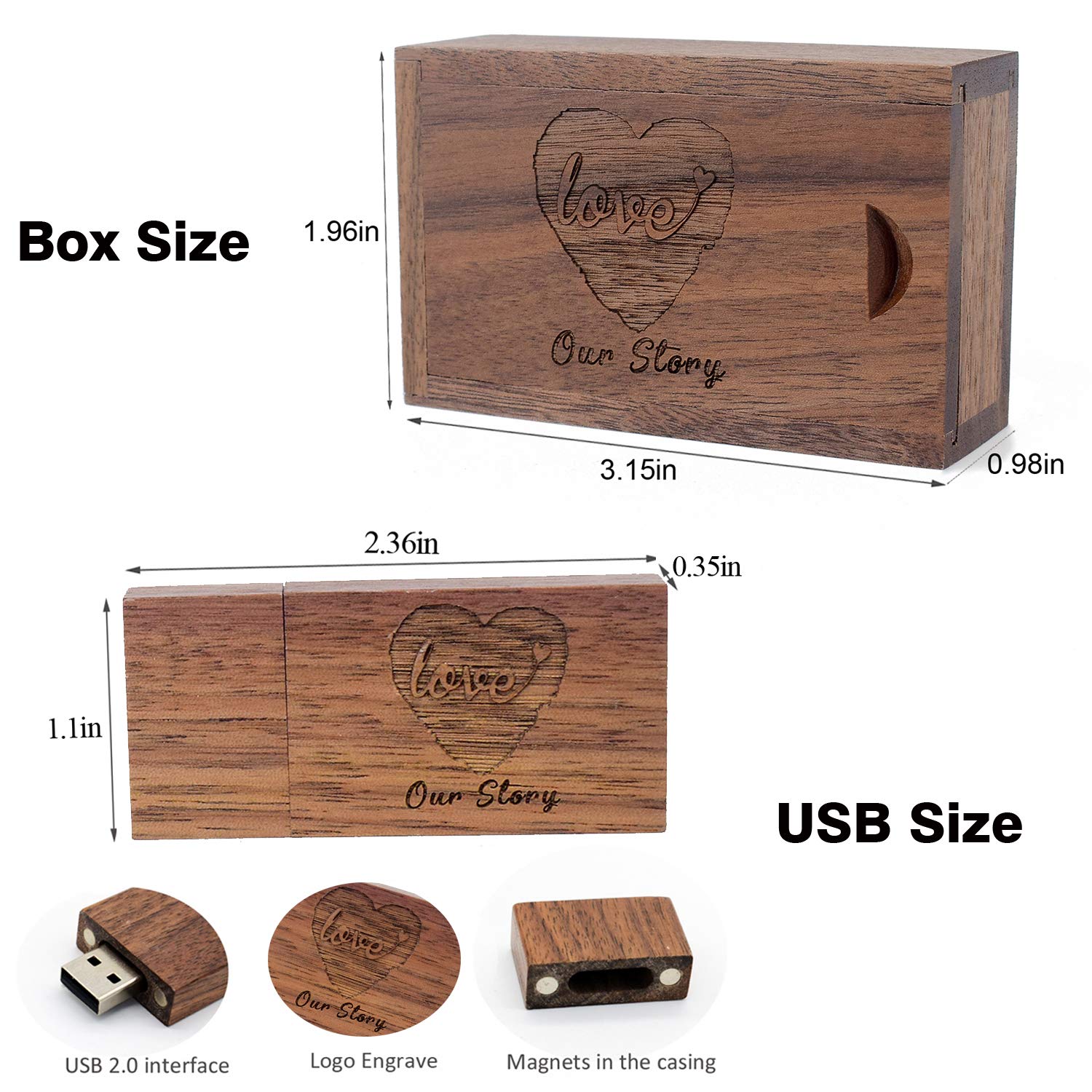 32GB Wedding USB Flash Drive with Matching Walnut Box - USB 2.0 Memory Stick Engraved Our Story Design, Personalized Gifts for Photography/Family/Friends/Couple