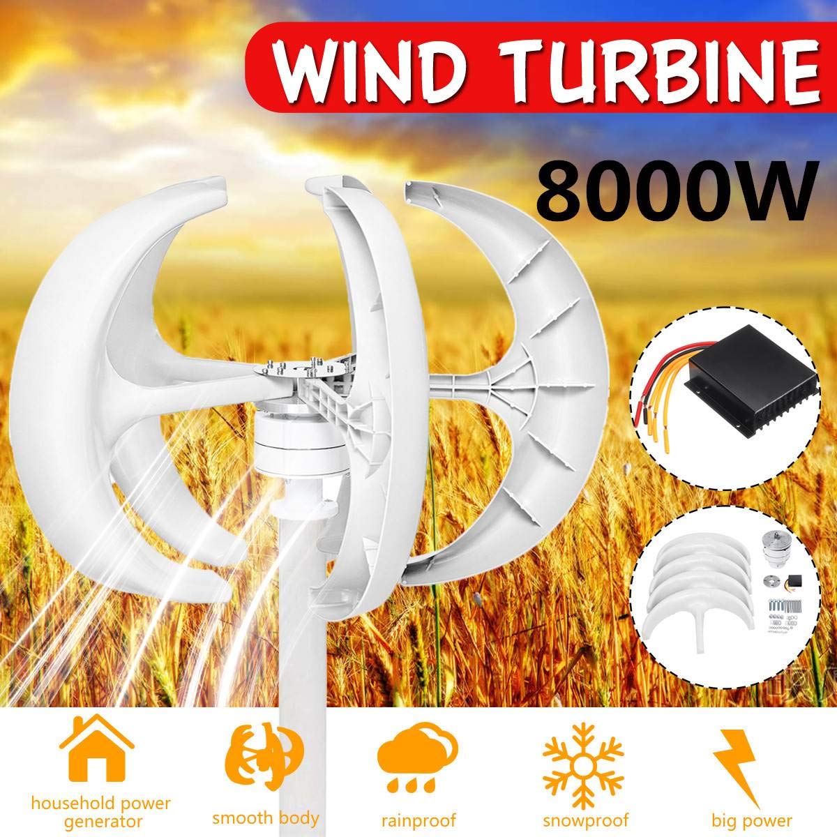 TQ 8000W Vertical Axis Wind Turbines Generator Lantern, 12V 24V 5 Blades Motor Kit for Home Hybrids Streetlight Use Electromagnetic,24v