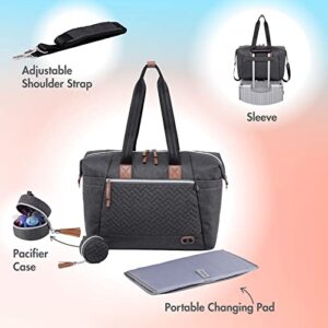 Dikaslon Diaper Bag Tote with Pacifier Case and Changing Pad, Large Travel Diaper Tote for Mom and Dad, Multifunction Baby Bag for Boys and Girls, Dark Grey