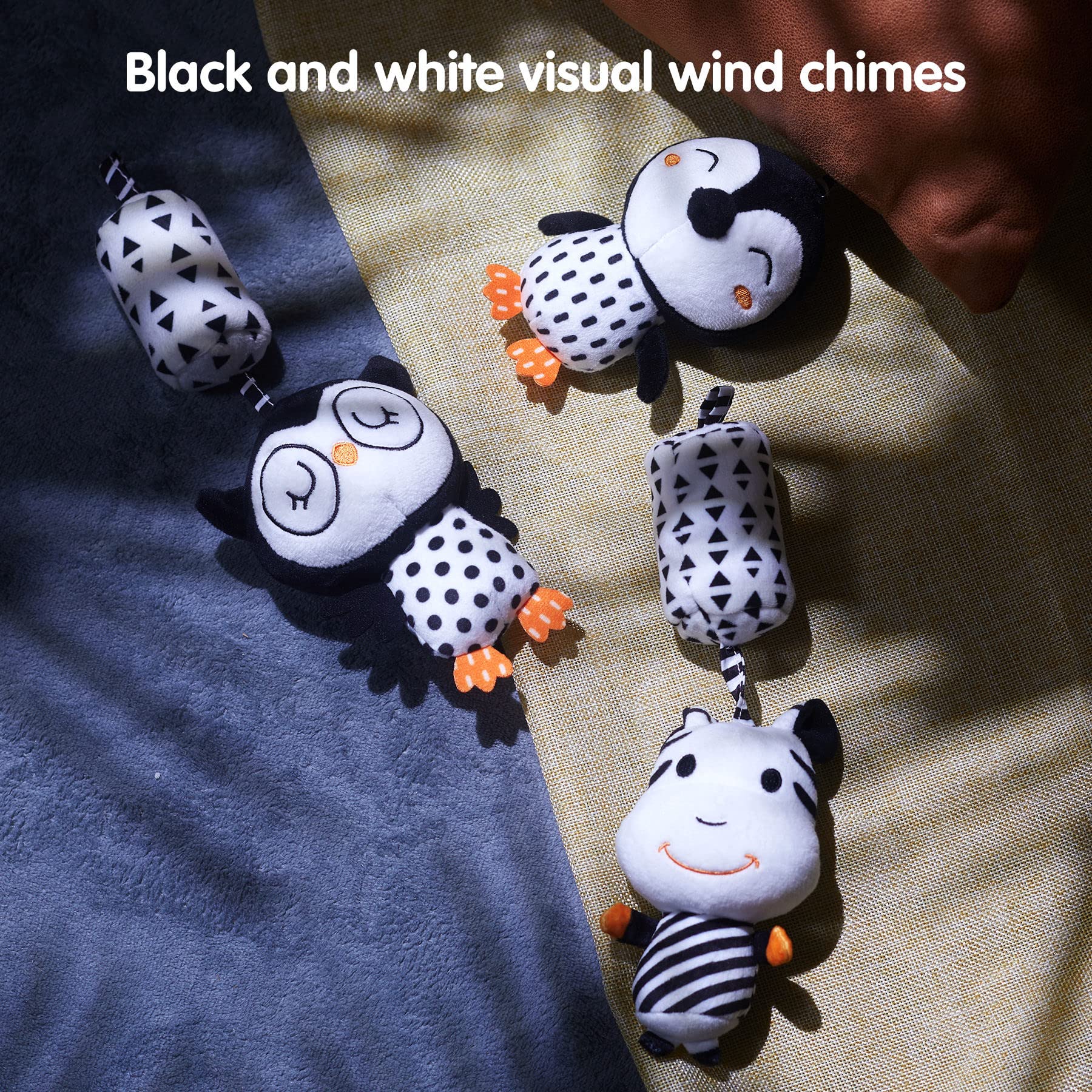 TUMAMA Black and White Baby Toys for 3 6 9 12 Months,Plush Hanging Rattles,Newborn Stroller Toys for Boys and Girls,4 Pack