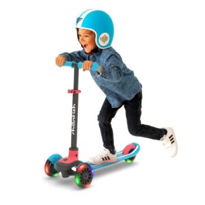chillafish scotti glow 3-wheel lean-to-steer scooter with light-up wheels, twintip antislip deck and integrated brake, adjustable height handlebars, comfy handgrips, for all ages 3 and up, blue