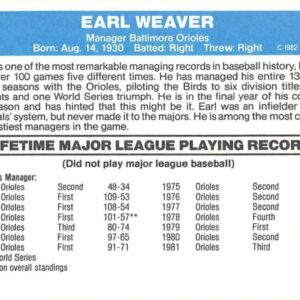 1982 Donruss Baseball #27 Earl Weaver Baltimore Orioles MG Manager Offical MLB Major League Baseball Trading Card