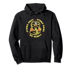 cobra kai strike first cobra logo pullover hoodie