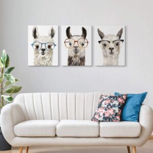 3 piece hip llama canvas wall art print set, animal home decor