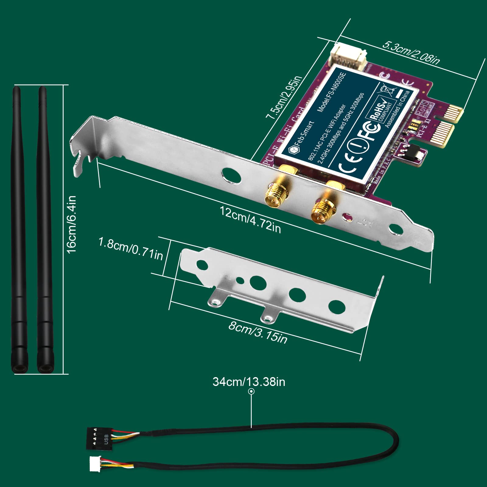 FebSmart Wireless N 600Mbps Dual Band PCIE WiFi Adapter for Windows 11, 10, 8.x, 7, XP (32/64bit) and Windows Server Desktop PCs, 2.4GHz 300Mbps or 5GHz 300Mbps PCIE WiFi Card (FS-N600BT)