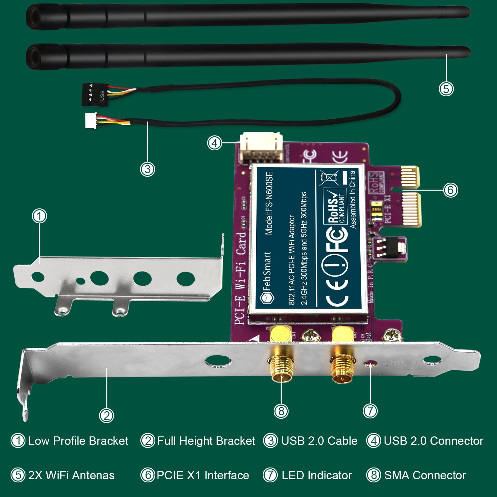 FebSmart Wireless N 600Mbps Dual Band PCIE WiFi Adapter for Windows 11, 10, 8.x, 7, XP (32/64bit) and Windows Server Desktop PCs, 2.4GHz 300Mbps or 5GHz 300Mbps PCIE WiFi Card (FS-N600BT)
