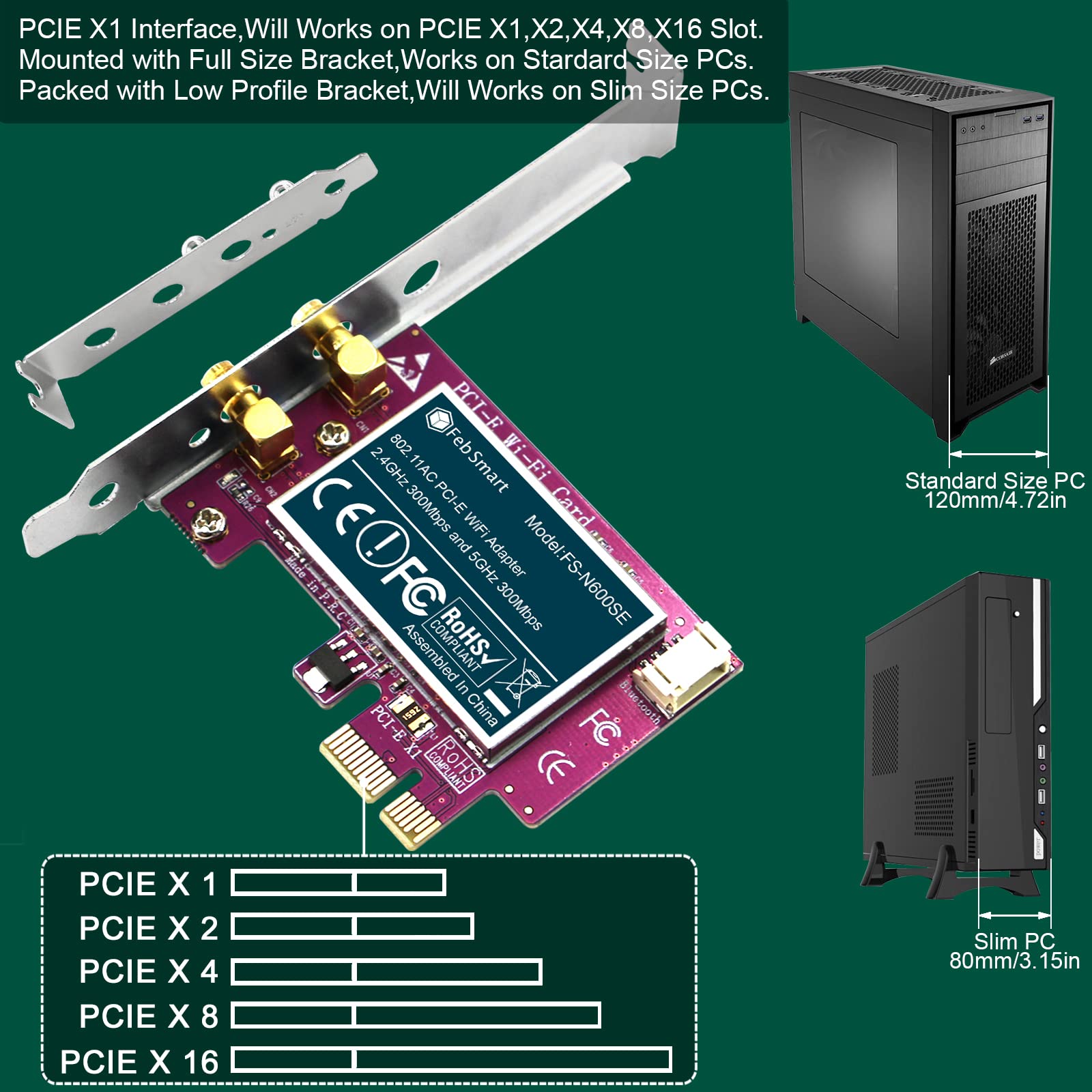 FebSmart Wireless N 600Mbps Dual Band PCIE WiFi Adapter for Windows 11, 10, 8.x, 7, XP (32/64bit) and Windows Server Desktop PCs, 2.4GHz 300Mbps or 5GHz 300Mbps PCIE WiFi Card (FS-N600BT)