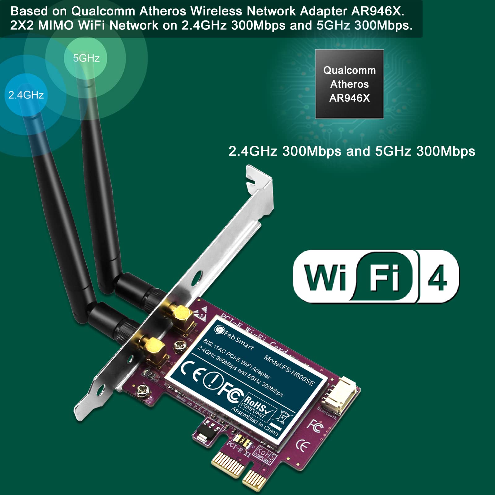 FebSmart Wireless N 600Mbps Dual Band PCIE WiFi Adapter for Windows 11, 10, 8.x, 7, XP (32/64bit) and Windows Server Desktop PCs, 2.4GHz 300Mbps or 5GHz 300Mbps PCIE WiFi Card (FS-N600BT)